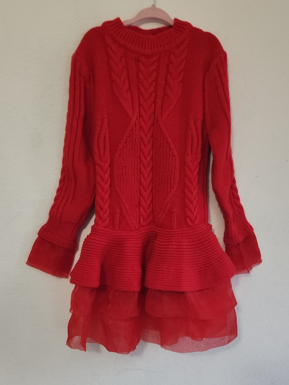 Tomato Red Cable Knit Drop Waist Ruffle Tulle Sweater Dress S Y2k Coquette